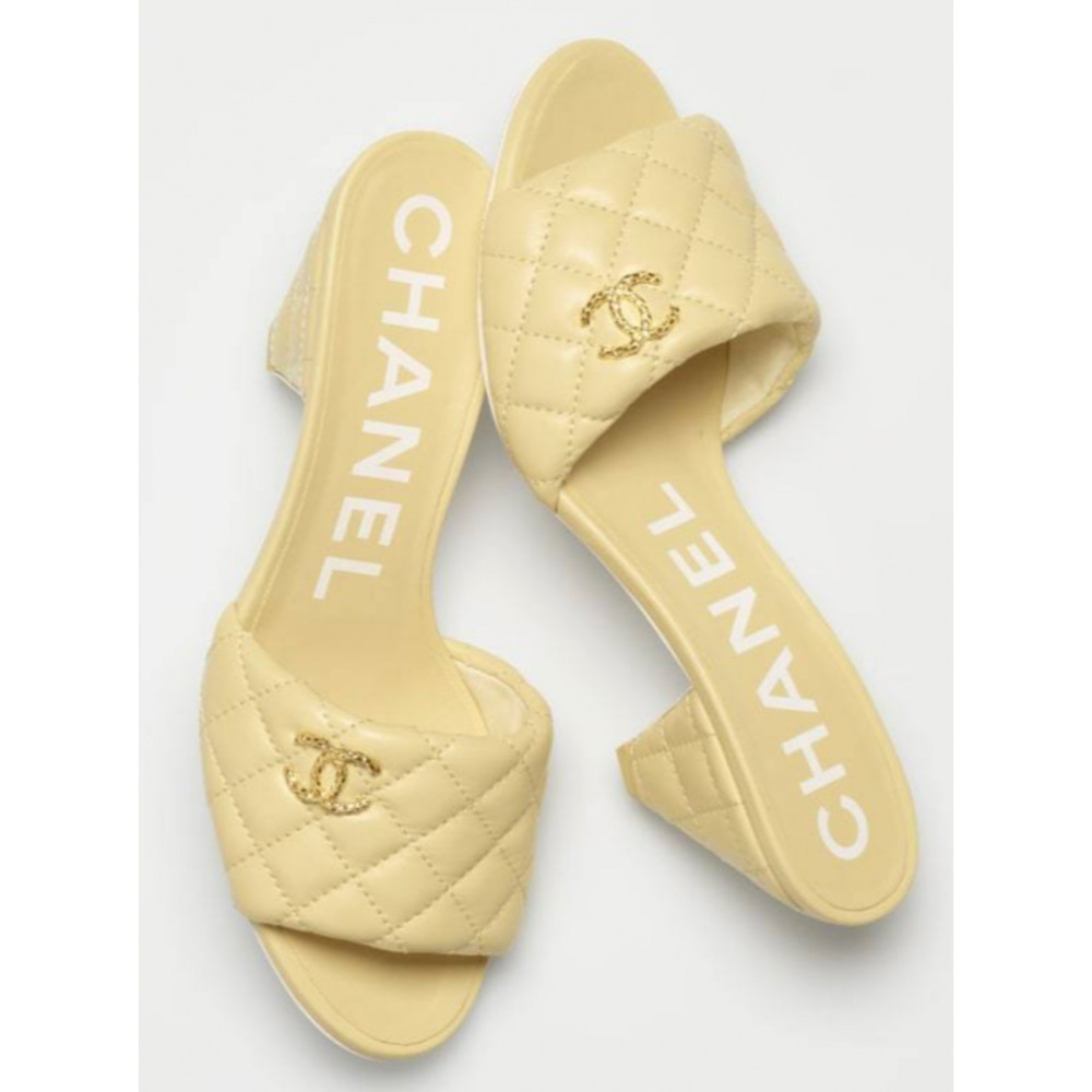Chanel 22P Yellow Lambskin Quilted CC Gold Logo Cone Heel Mule Slide Sandal 38 - Picture 5 of 12